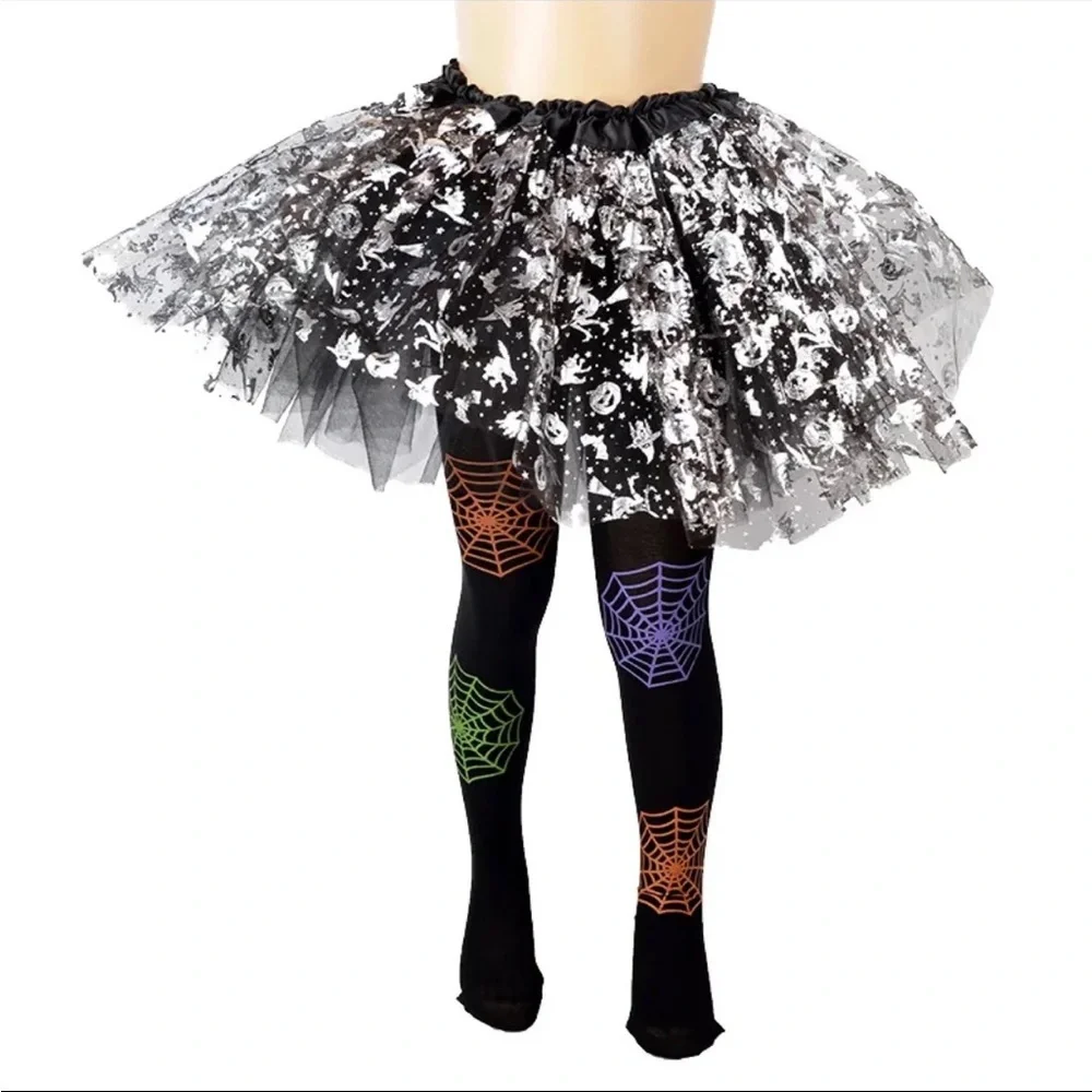NWT Girls Halloween Footed Tights-Spiderweb Print